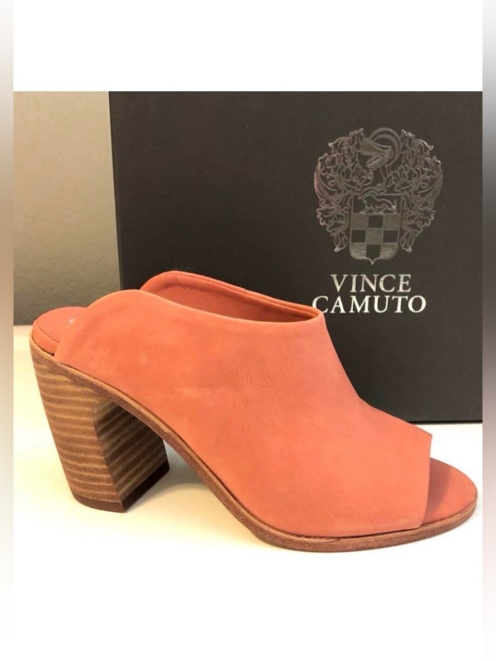 VINCE CAMUTO Mesella Nubuck Peep-Toe Mules Block Heel Sushi Pink 5.5 NWT